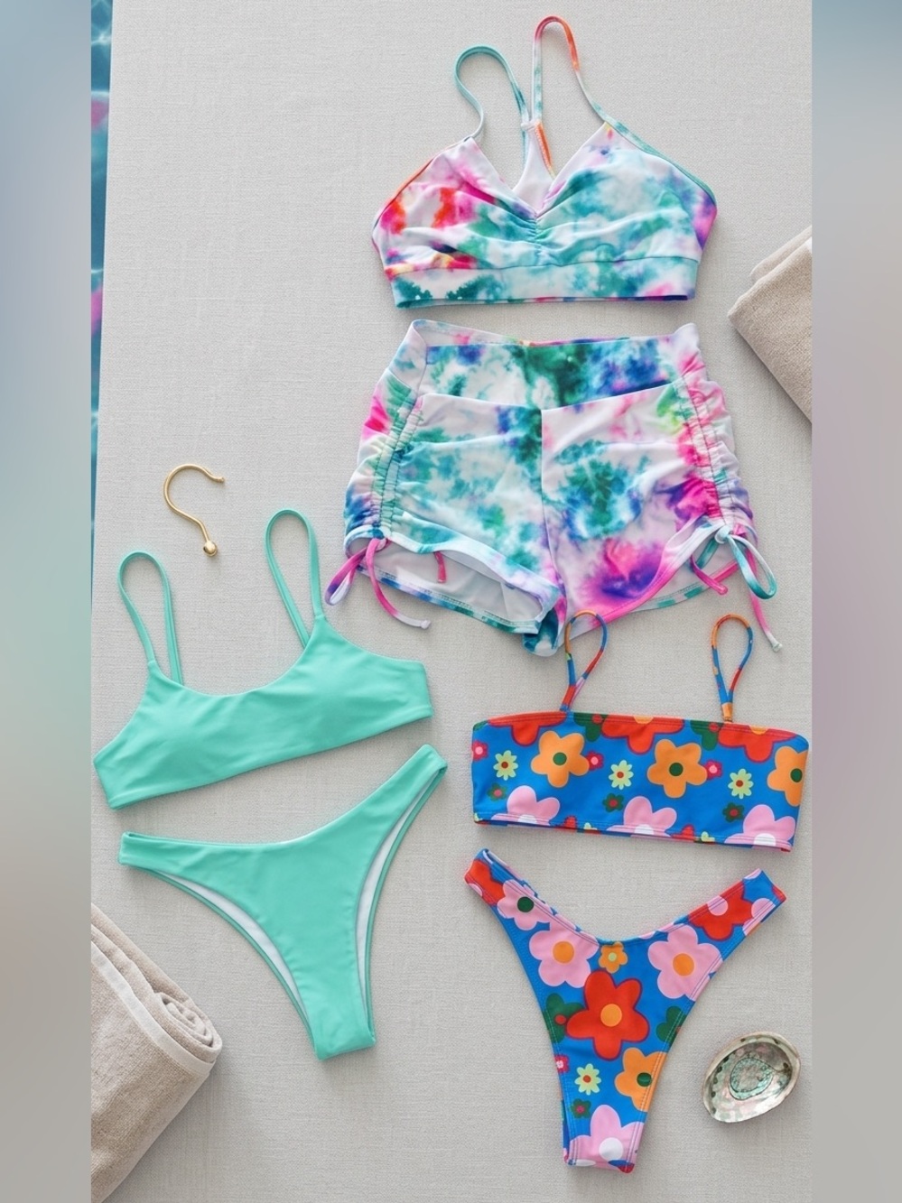 SHEIN Size Small Bikini Bundle 3 Matching Sets – Tie Dye, Floral, Teal